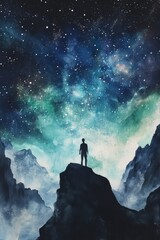 Fototapeta premium Silhouette on Mountain Peak Gazing at Vibrant Starry Night Sky