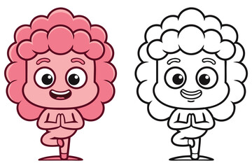 Cartoon Brain Character Doing Yoga Pose, Meditation, and Mindfulness, outline