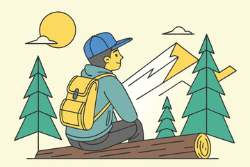 Obraz premium 97 Cartoon character, blue cap, backpack, sitting on log, mountain view, pine trees, snowy peaks, bright sun, minimalist style, 3D rendering, vibrant colors, outdoor adventure, back view, stylized lan
