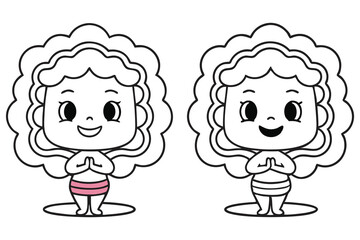 Two Smiling Cartoon Girl Characters with Curly Hair and Hands in Namaste Position