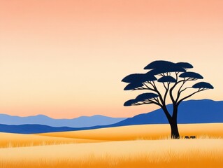 Obraz premium Serene savanna sunset landscape, single acacia tree silhouette against soft pastel sky and rolling hills