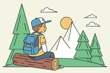 Obraz premium 97 Cartoon character, blue cap, backpack, sitting on log, mountain view, pine trees, snowy peaks, bright sun, minimalist style, 3D rendering, vibrant colors, outdoor adventure, back view, stylized lan