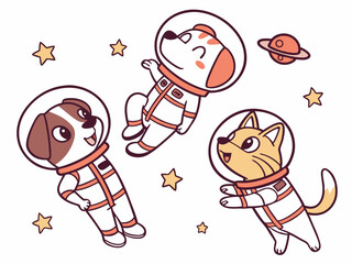 Two dogs and a cat dressed as astronauts floating in space, funny expressions, cute vector illustration.