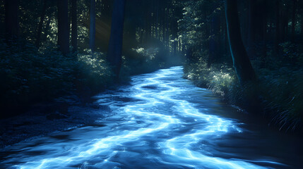 A glowing river flowing backward, its movement predicting nature