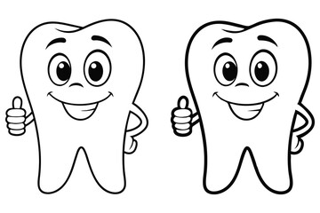 Outlined Cartoon Tooth Characters Giving Thumbs Up on White Background