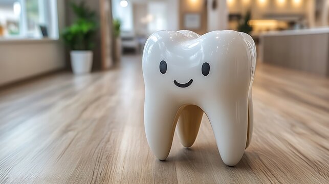 Happy smiling tooth model on wooden floor