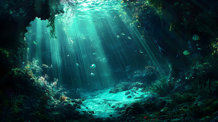 Marine environment with rays of sunlight penetrating the turquoise water