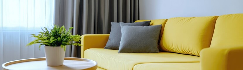 Bright Yellow Sofa Living Room With Gray Pillows And Plant