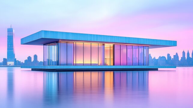 Modern floating house on a calm water