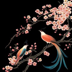 Birds on cherry blossom branch, Asian art, spring