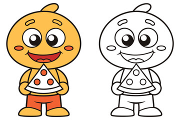 Cartoon Character Holding Pizza Slice with Color and Line Art on White