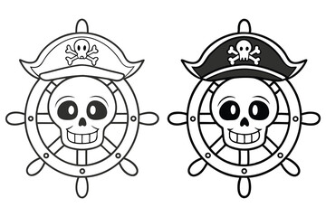 Pirate Skull with Hat on Ship Wheel Outline Icons, Black and White Cartoon