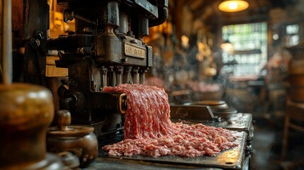 Vintage meat grinder, processing fresh meat