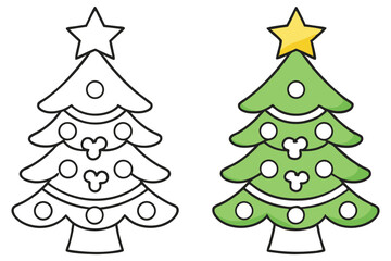 Outlined Christmas Tree, Colorable Holiday Tree with Star and Ornament on White