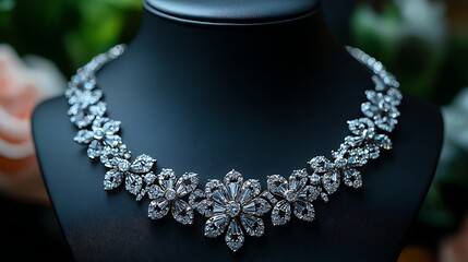 Sparkling white gold necklace with intricate diamond flower patterns Photo