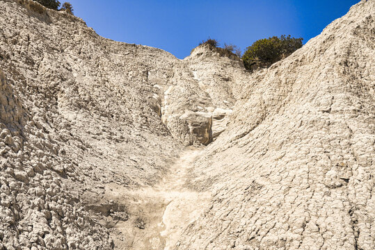 Detail of structures of eroded hills of Komolithi earth pyramids on the island of Crete