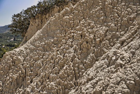 Detail of structures of eroded hills of Komolithi earth pyramids on the island of Crete