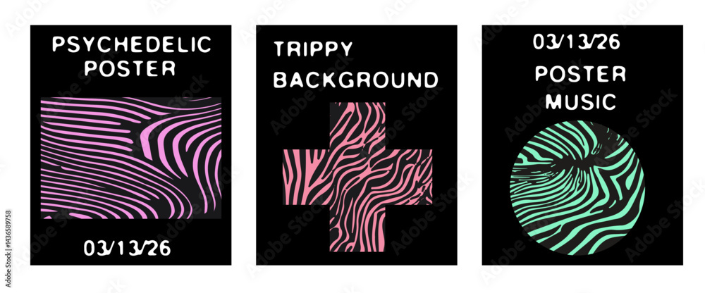 Aufkleber modern vector posters with psychedelic, trippy patterns inside geometric rectangle, cross, and circl
