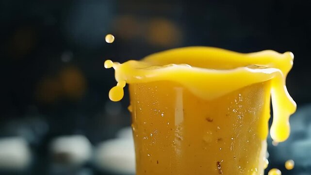 Vibrant splash of yellow juice from a glass against a dark background, capturing a refreshing moment