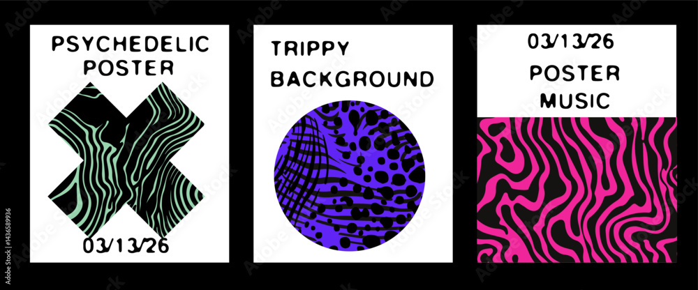 Poster modern vector posters with psychedelic, trippy patterns inside geometric rectangle, cross, and circl