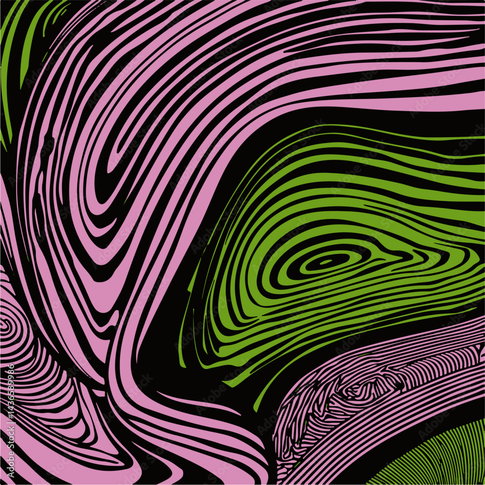 Poster abstract vector illustration with flowing green and pink wavy lines on a black background, creating 