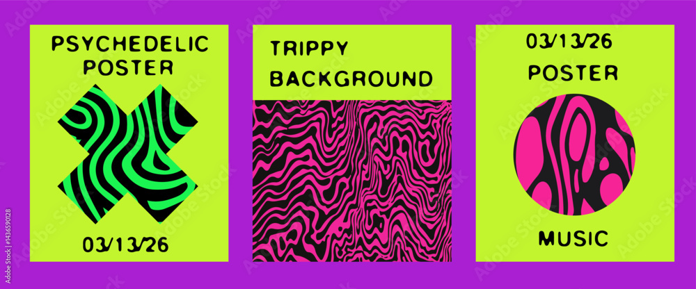 Aufkleber modern vector posters with psychedelic, trippy patterns inside geometric rectangle, cross, and circl