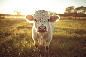 Portrait of a black and white cow standing in a green meadow under a sunny sky, front view with blurred natural background, warm tones, shallow depth of field.