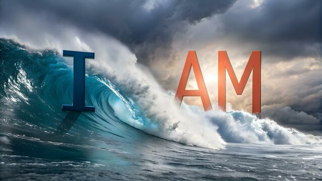 Dynamic I AM letters emerging from turbulent ocean waters, surrounded by crashing waves and stormy skies a bold representation of personal strength and transformation affirmation