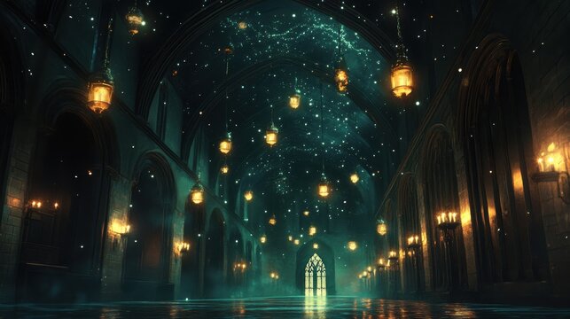 Moonlit magical academy hallway, enchanted candles floating near the ceiling, anime style, nighttime