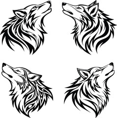 Tribal Style Wolf Head Designs Set for Tattoo or Logo