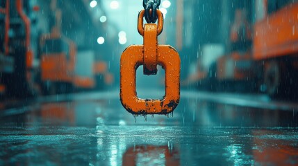 Wet orange hoisting link in rain