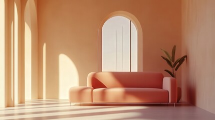 Modern living room featuring a pink sofa and armchair against a pastel beige wall, arched window letting in warm sunlight, with ample copy space for text. 3D rendering illustration.