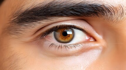 Fototapeta premium Close-Up of Male Eye with Brown and Yellow Iris and Defined Eyelashes
