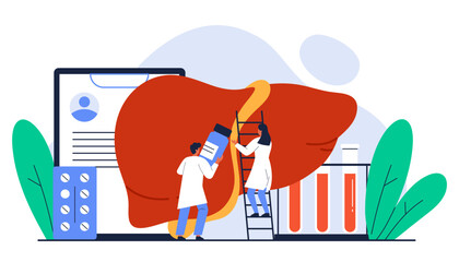 Hepatitis A, B, C, D concept. Hepatologist doctors check up and treat a human liver organ. Liver disease, healthcare, treatment. Isolated vector illustration in cartoon style
