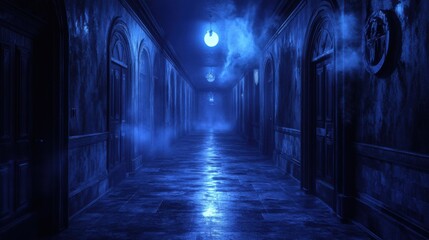 Moonlit corridor in a magical academy, glowing runes faintly visible on the walls, eerie and quiet, anime style, nighttime