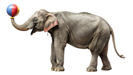 Obraz premium circus elephant balancing ball on trunk with isolated on white background PNG