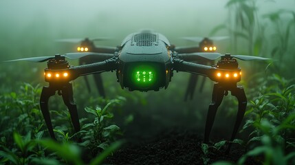 Futuristic Drone with LED Lights Hovering Over Green Crops: High-Detail 3D Model for Agricultural Technology, UAV Design, or Digital Art Vector Illustration.