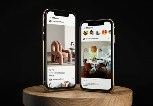 Dual Smartphone Mockup on Wooden Display