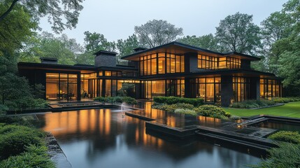 Fototapeta premium Modern luxury home with tranquil water features