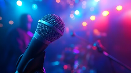 Blurred Microphone in Focus on Stage with Colorful Lights and Atmosphere