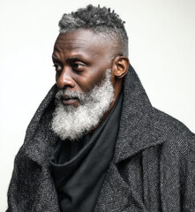 Stylish senior man with grey hair and beard wearing modern fashion on white background