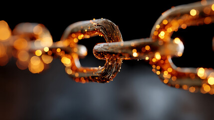 Close-up of golden chain with sparkling lights, suggesting connection, strength, and luxury.  Abstract design, ideal for business or technology concepts