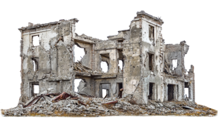 Ruined building with bullet holes showing destruction after war on transparent background