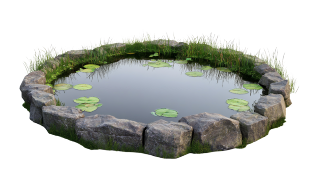 Small artificial pond with water lilies and rocks on transparent background