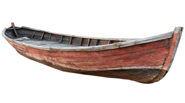 Old wooden rowing boat isolated with transparent background