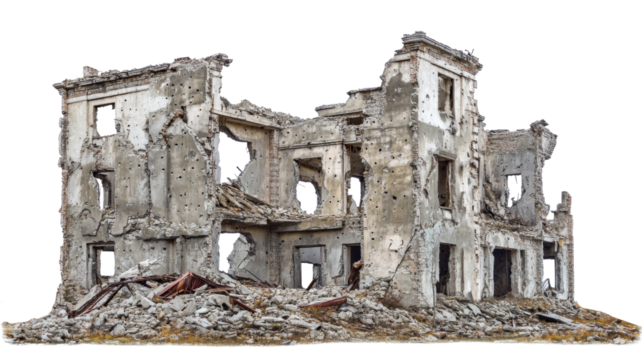 Ruined building with bullet holes showing destruction after war on transparent background