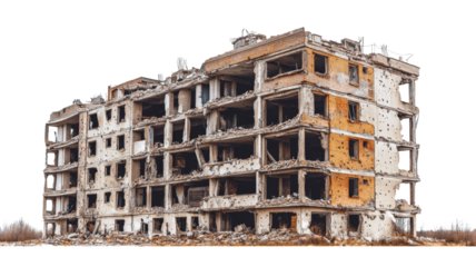 Ruined bombed building showing destruction from war, terrorism or earthquake with transparent background