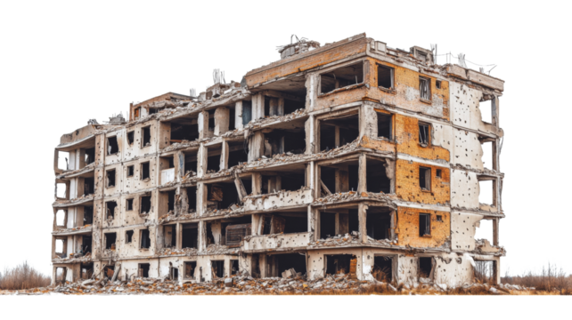 Ruined bombed building showing destruction from war, terrorism or earthquake with transparent background