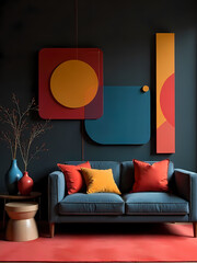 A stylish living room setup with a blue sofa, vivid pillows, and decorative abstract wall art.