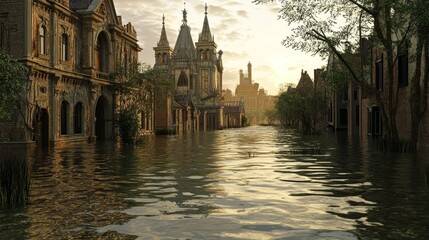 Fototapeta premium Flooded city street between tall buildings with stormy water and misty atmosphere.